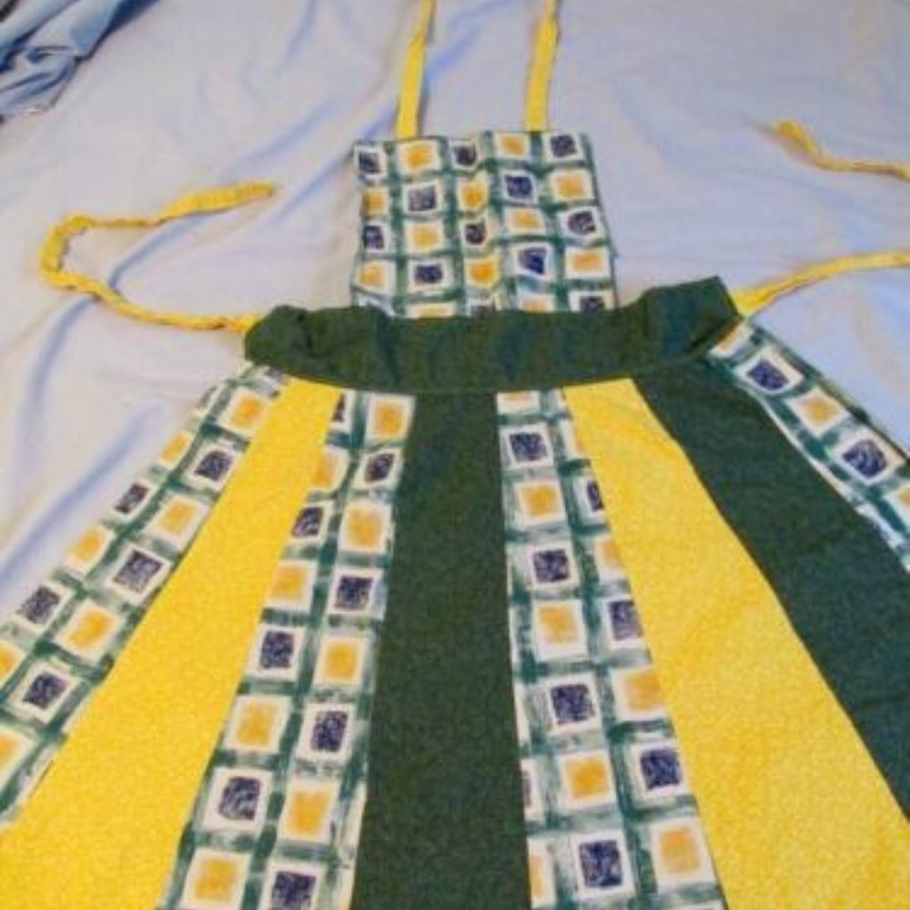 Vintage Handmade Bib Apron Yellow and Green Cotton Print